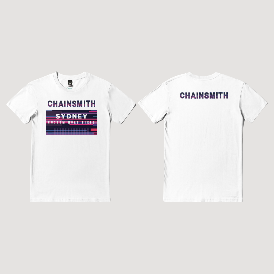 CHAINSMITH LOGO CUSTOMISED T-SHIRT WHITE CYCLING SYDNEY AUSTRALIA BIKE SHOP