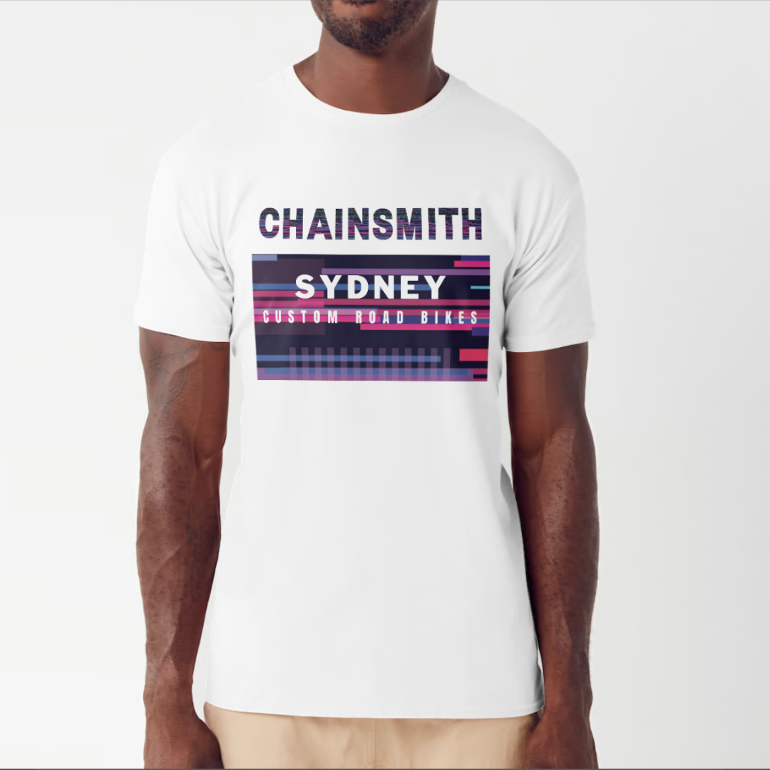 CHAINSMITH LOGO CUSTOMISED T-SHIRT WHITE CYCLING SYDNEY AUSTRALIA BIKE SHOP