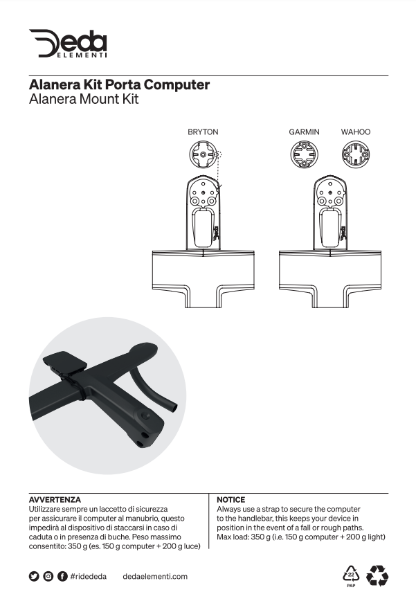 OFFICIAL DEDA ELEMENTI ALANERA COMPUTER MOUNT KIT FOR GARMIN (1000 SERIES), WAHOO, BRYTON, GOPRO CYCLING SYDNEY AUSTRALIA BIKE SHOP
