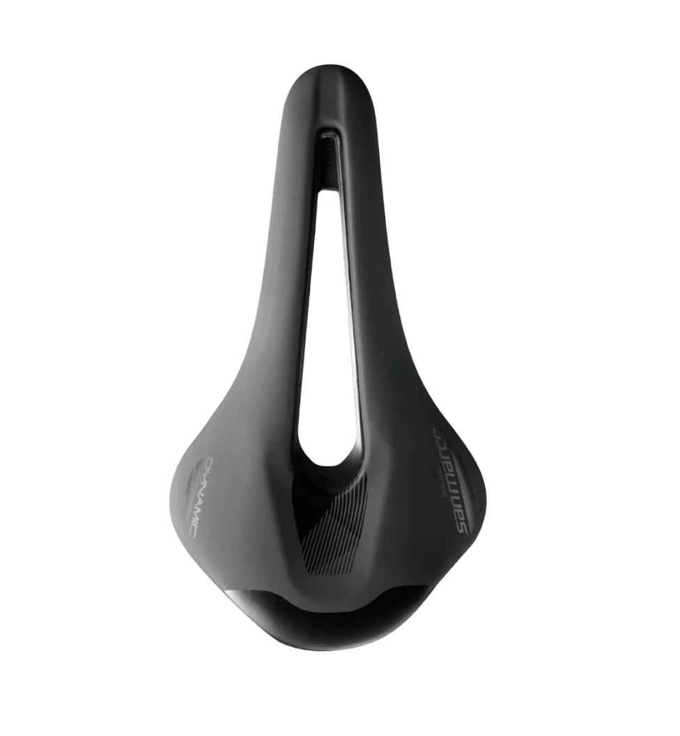 Top view of Selle San Marco Shortfit 2.0 Dynamic Saddle, featuring manganese rails, Silkfeel cover, and optimized shape for road cycling performance