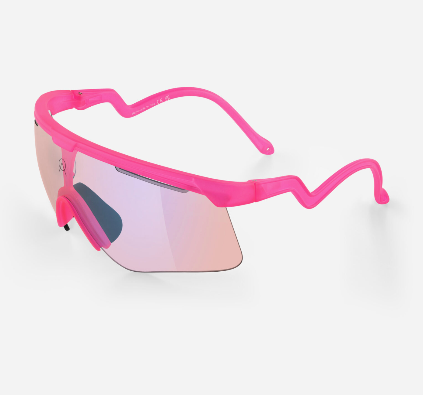 Close-up of VZUM™ F-LENS FLM lens on Alba Optics Delta Pink sunglasses showing mirror finish