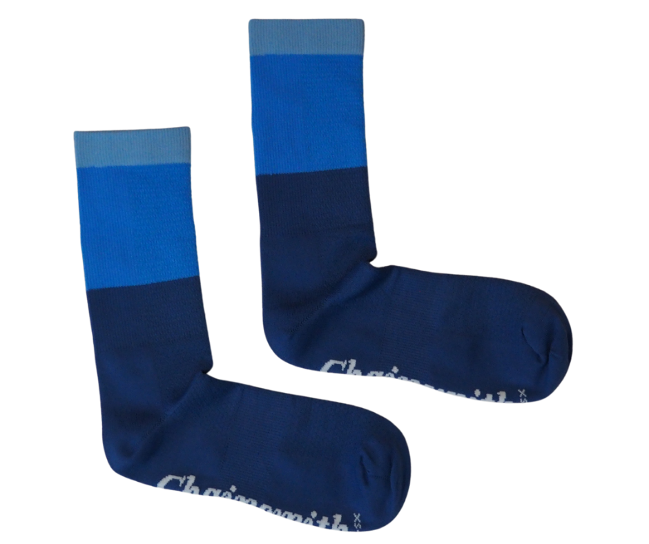 Chainsmith blue tri-colour cycling socks laid flat on white background