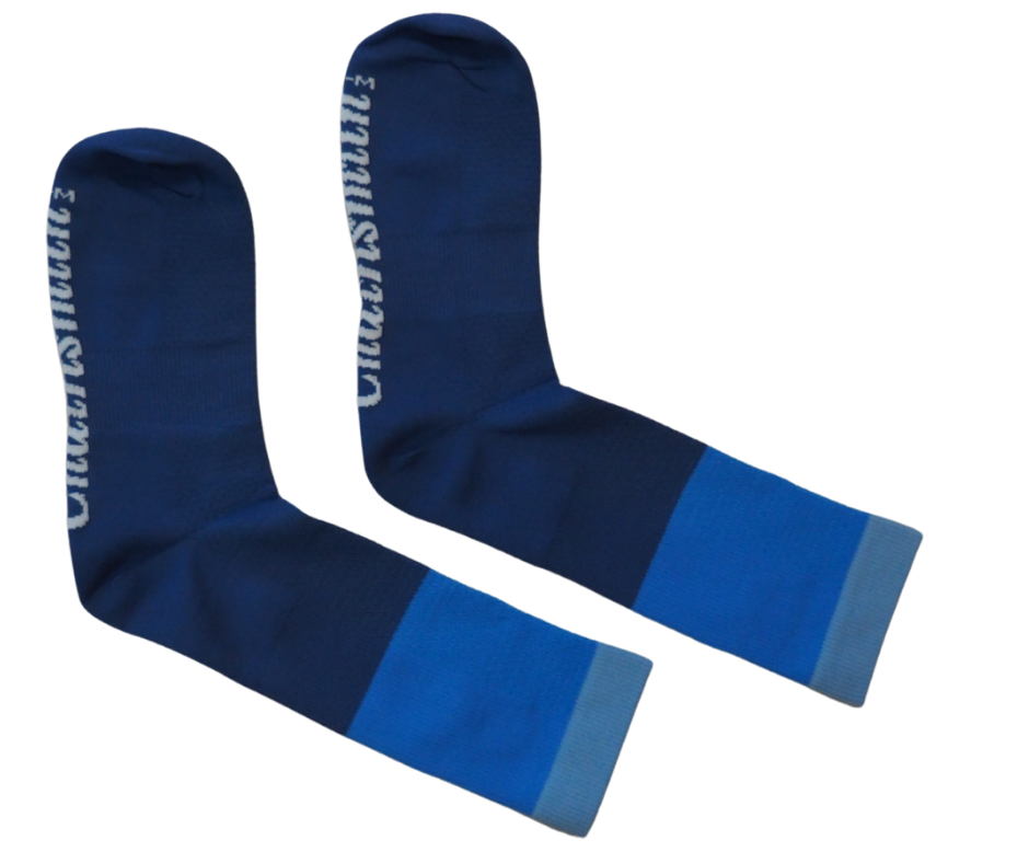 Close-up of Chainsmith logo on breathable toe box of blue socks