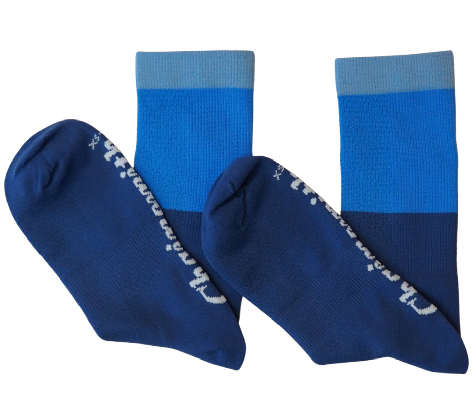 blue series socks worn by cyclist in warm summer conditions