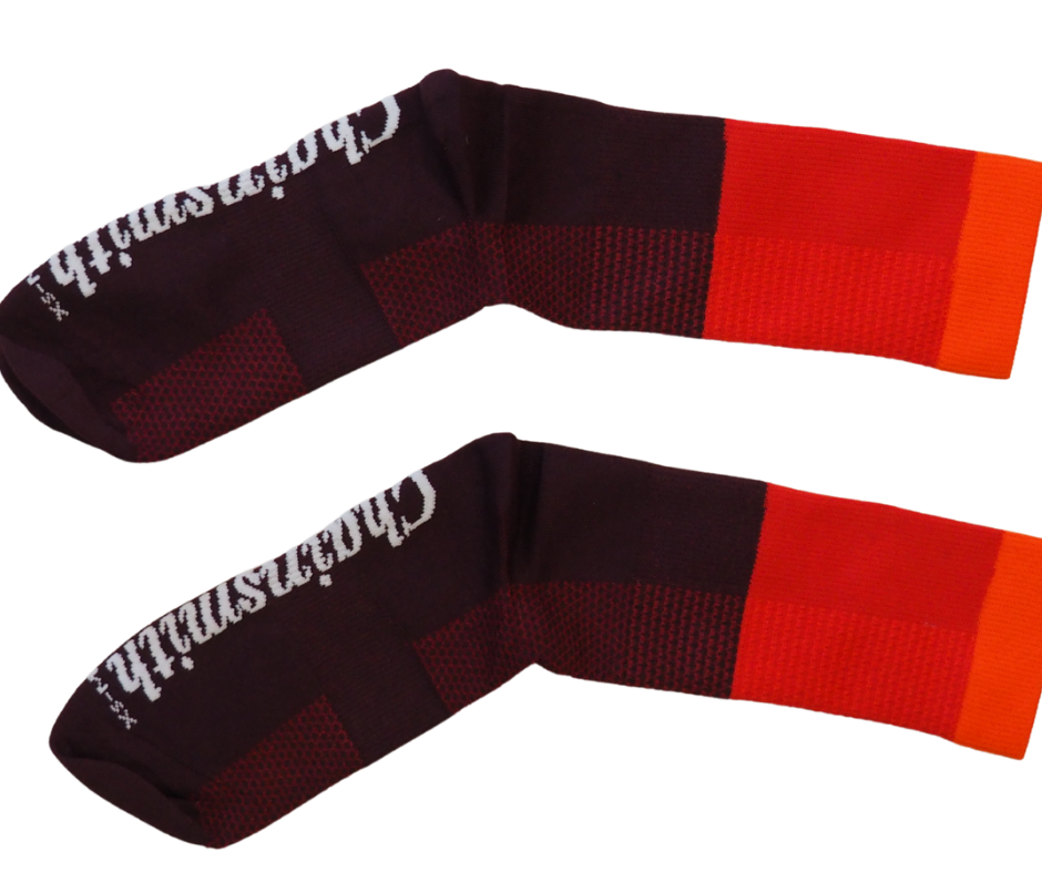 details of red tri socks for cycling
