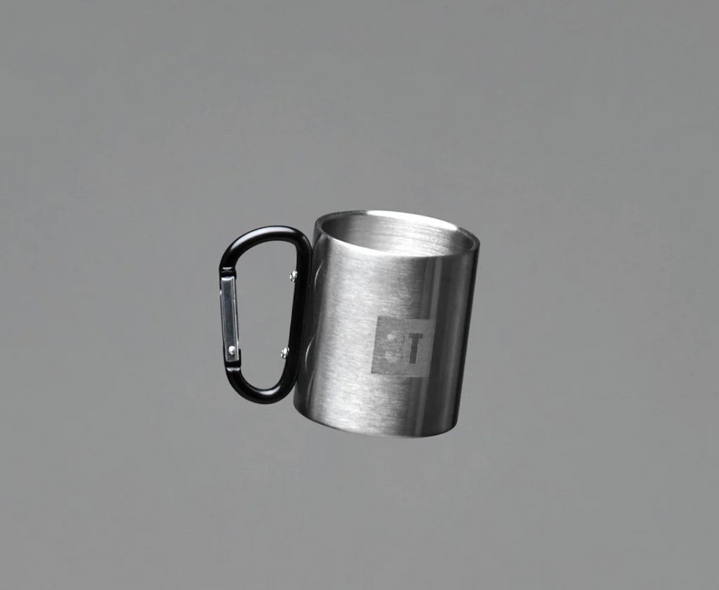 3T Cycle tour Metal cup with carabiner handle on a gray background for riders in australia