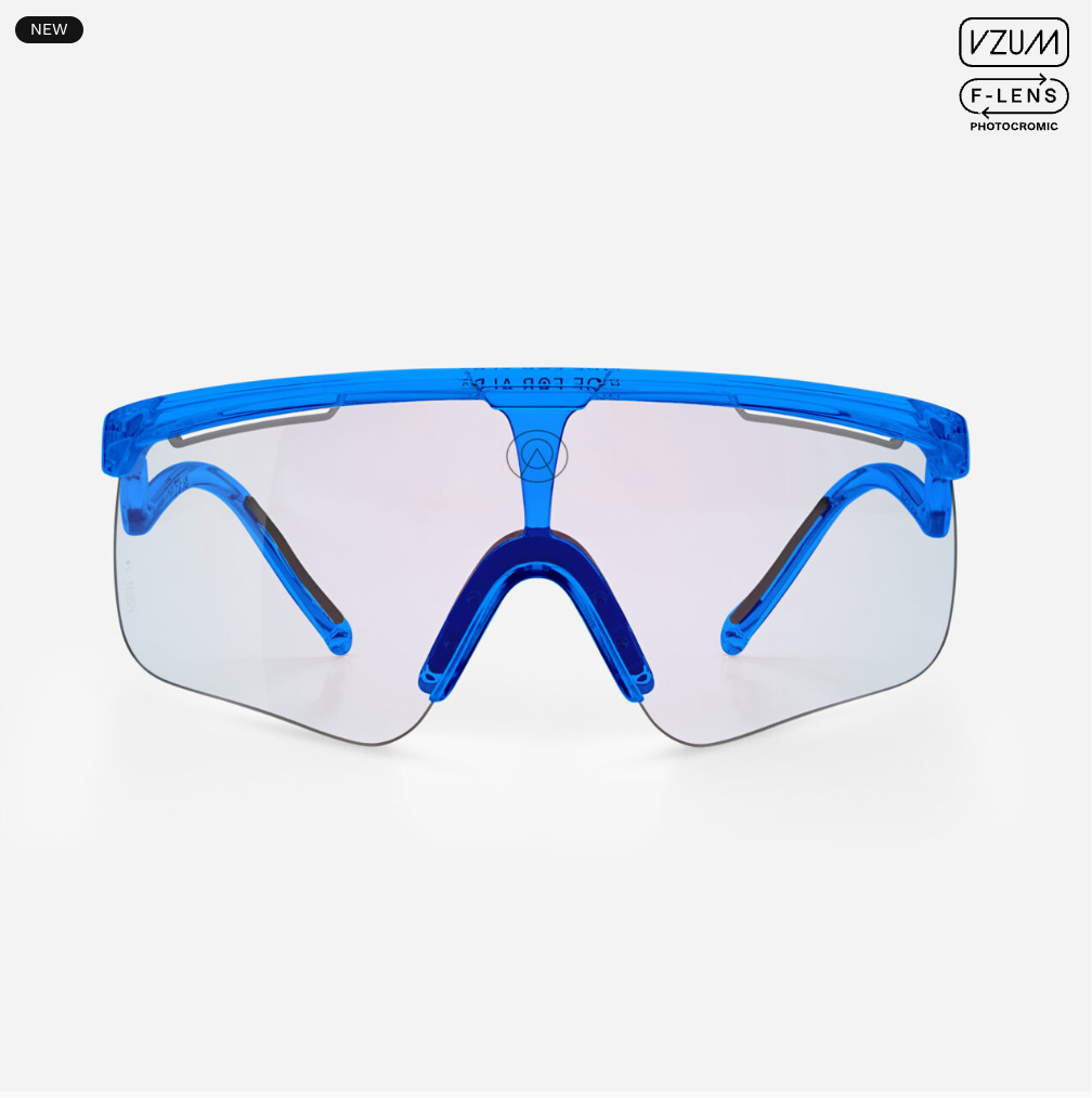 Side profile of Alba Optics DELTA Blue Glossy Italian cycling sunglasses with adaptive photochromic lens