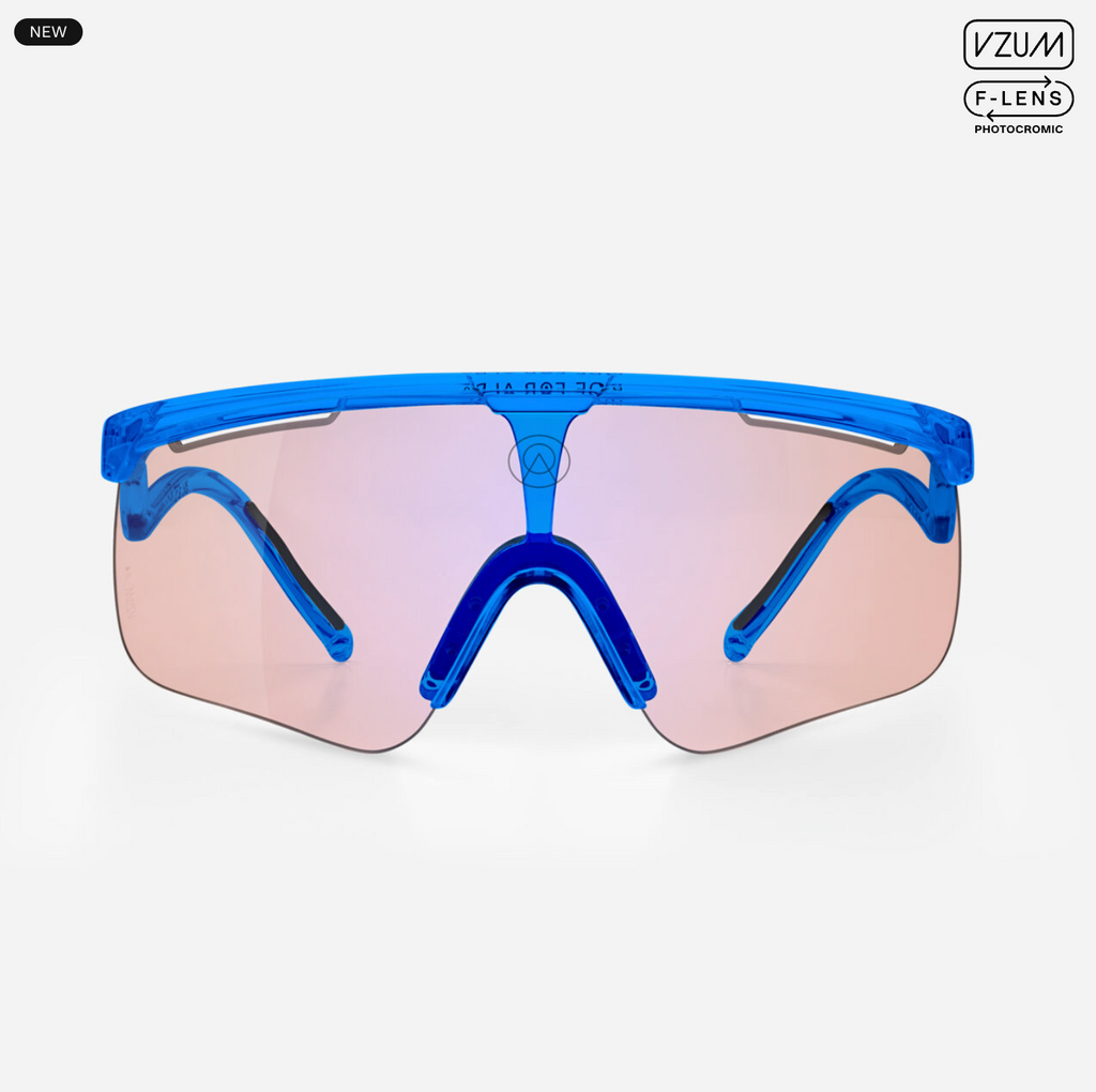 Alba Optics DELTA Blue Glossy cycling sunglasses with VZUM™ F-LENS Beetle photochromic lens front view