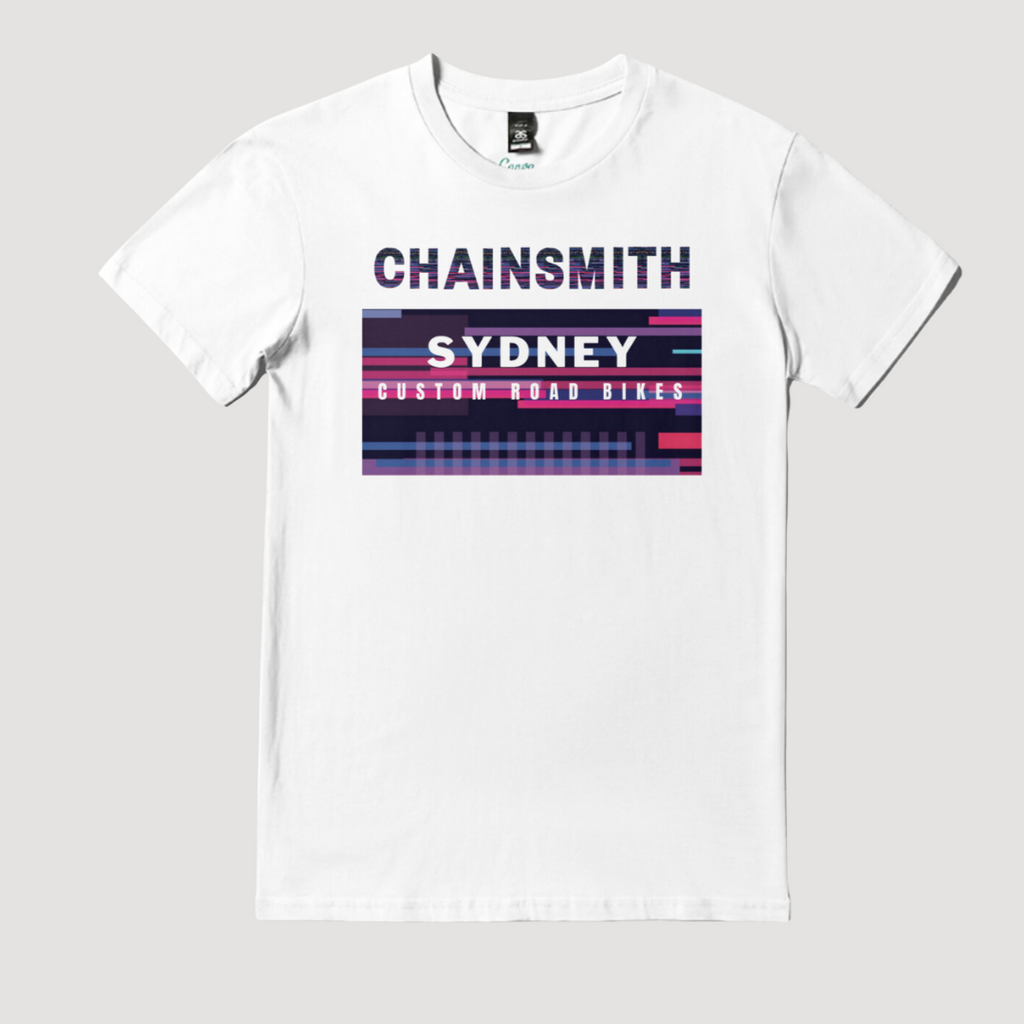 CHAINSMITH LOGO CUSTOMISED T-SHIRT WHITE CYCLING SYDNEY AUSTRALIA BIKE SHOP
