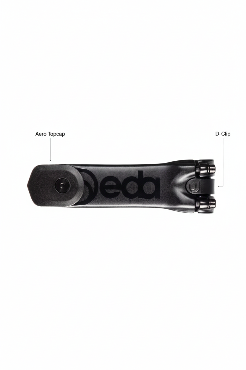 Black superbox stem with 'Deda' branding and labeled parts on a white background