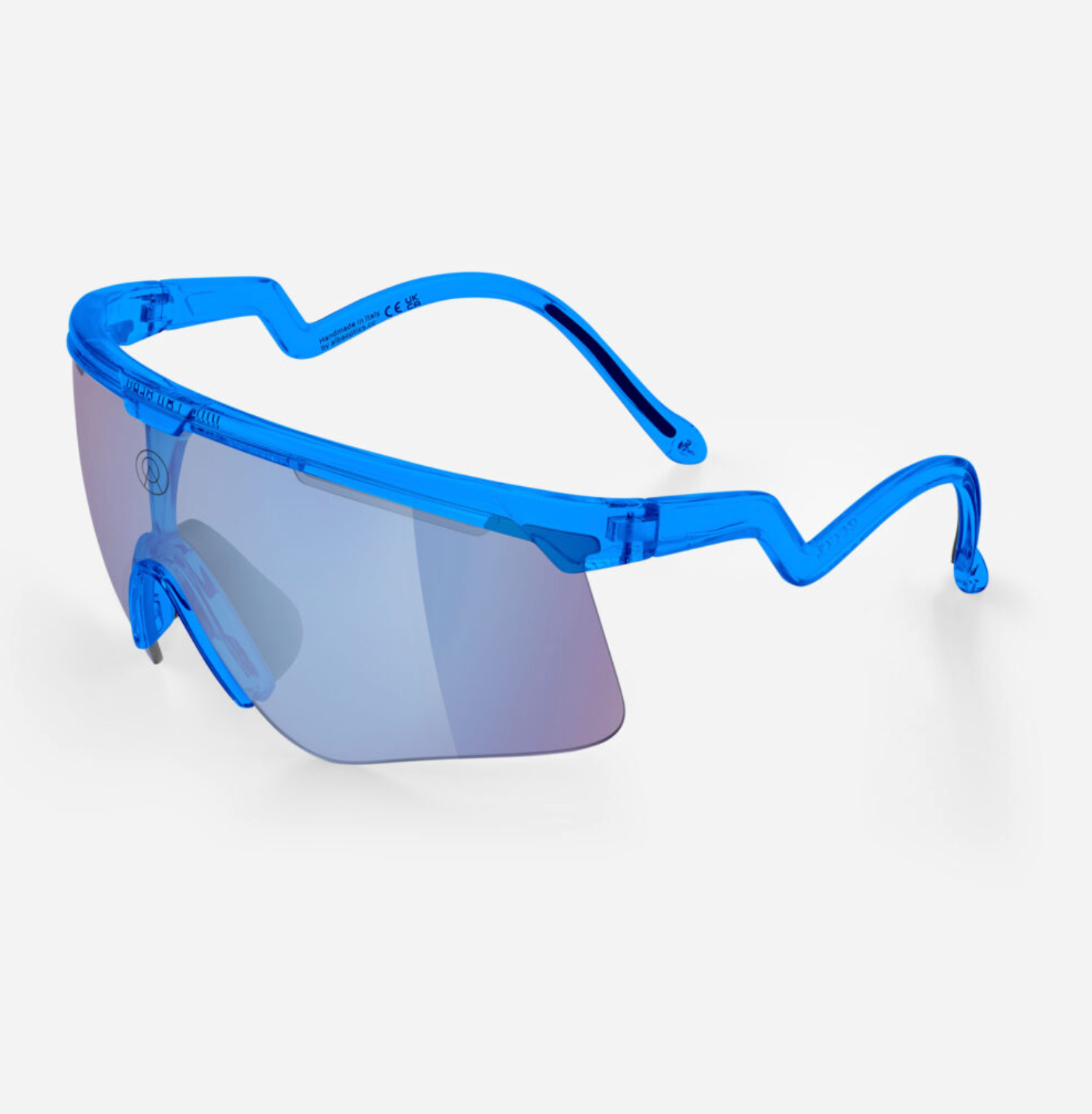 Side profile of Alba Optics DELTA Blue Glossy Italian cycling sunglasses with photochromic lens