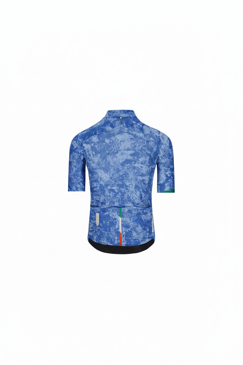 Blue camouflage cycling jersey on a light gray background