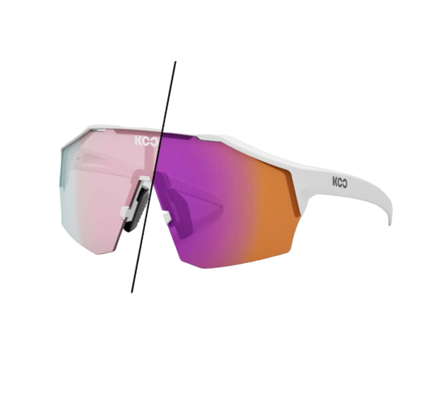 KOO Alibi Large White Photochromic Sunglasses Cycling Eyewear showing both dark and light reaction