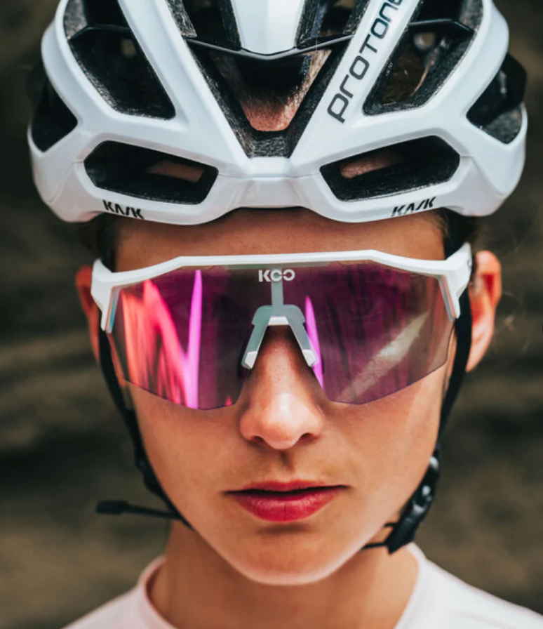 KOO Alibi Large sunglasses showing large photochromic lens coverage with Kask protone helmet