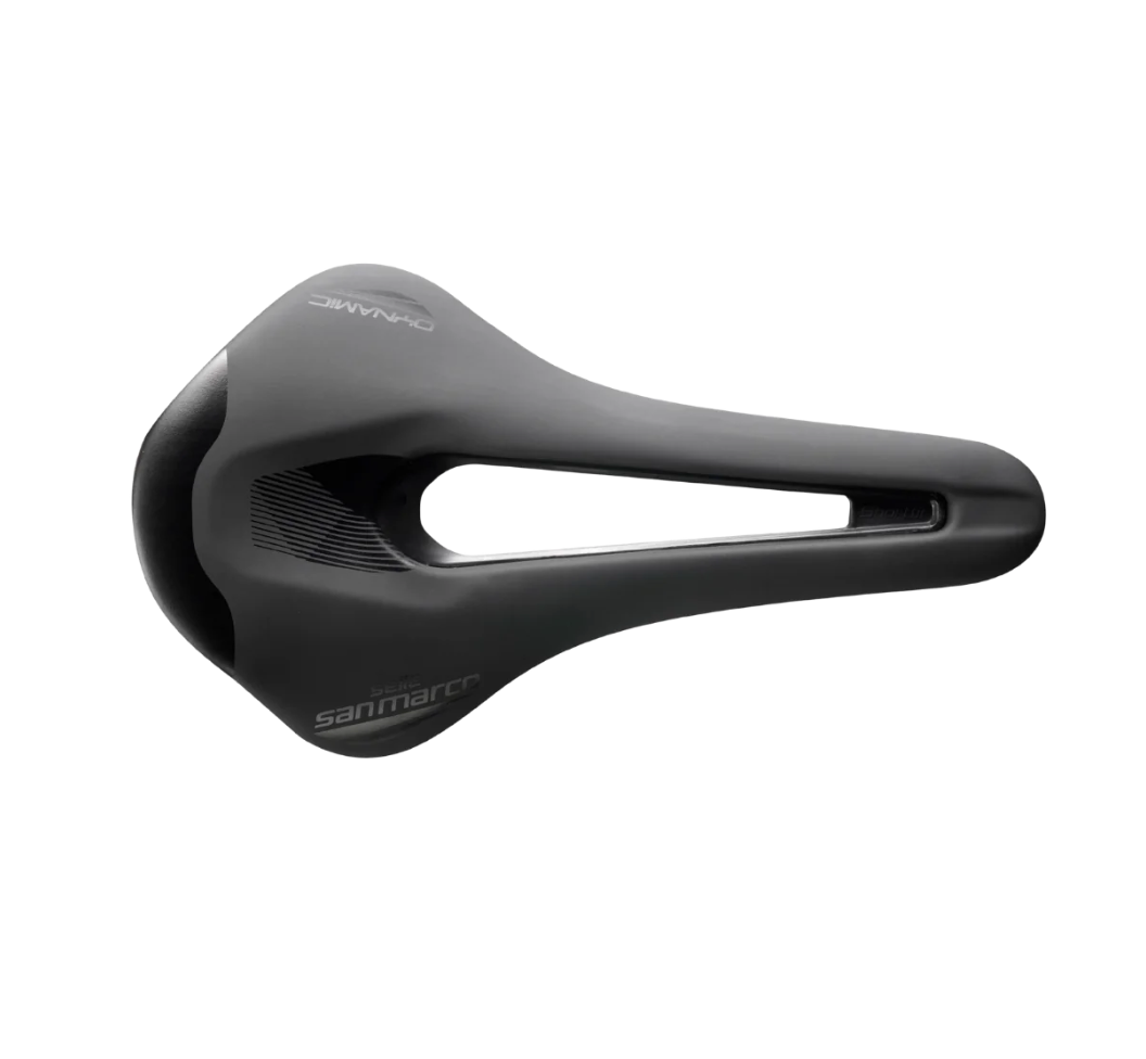 Top view of Selle San Marco Shortfit 2.0 Dynamic Saddle, featuring manganese rails, Silkfeel cover, and optimized shape for road cycling performance