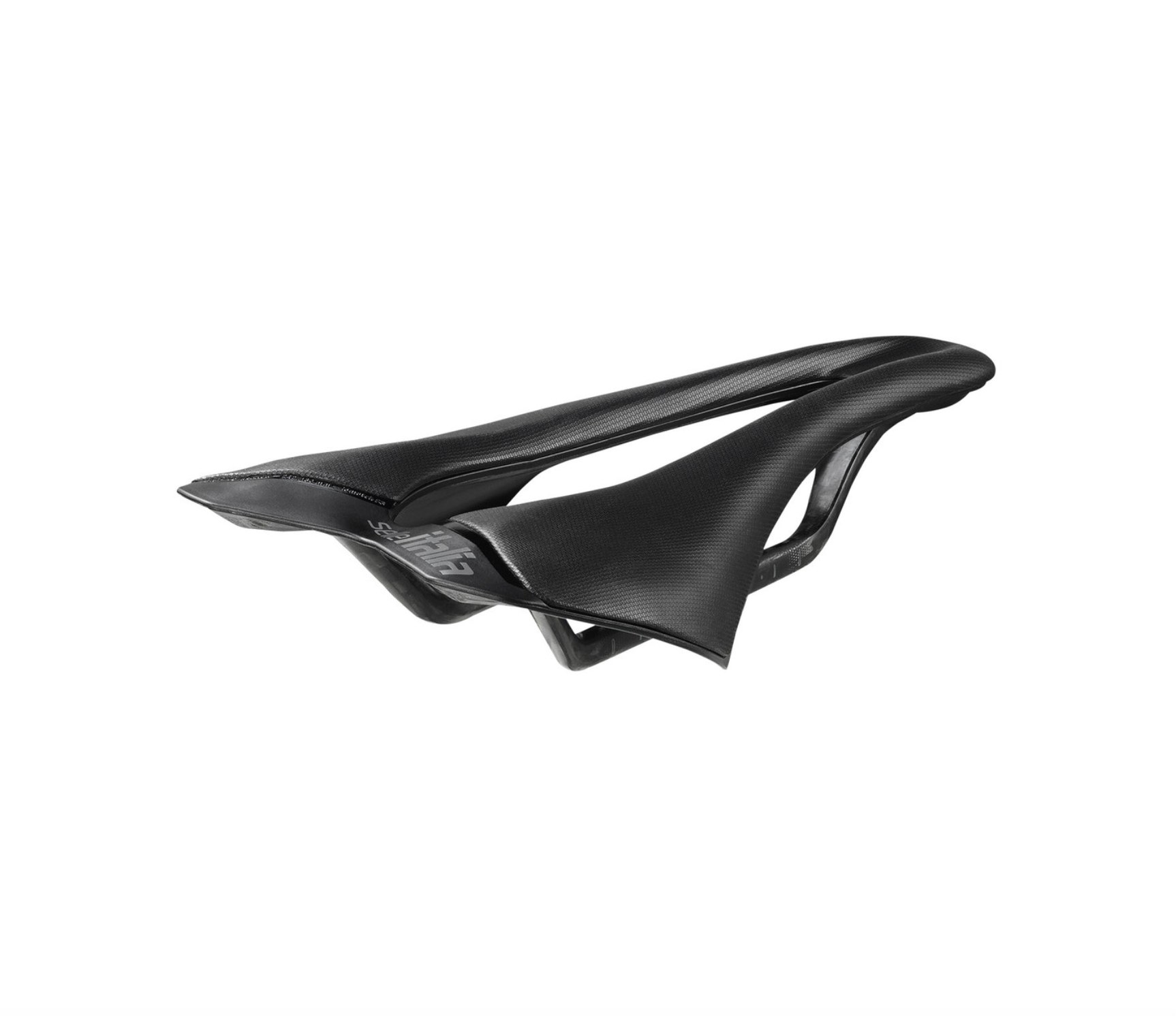 Angled top view of Selle Italia SLR Racing Replica Carbon saddle showing carbon construction and race-focused design