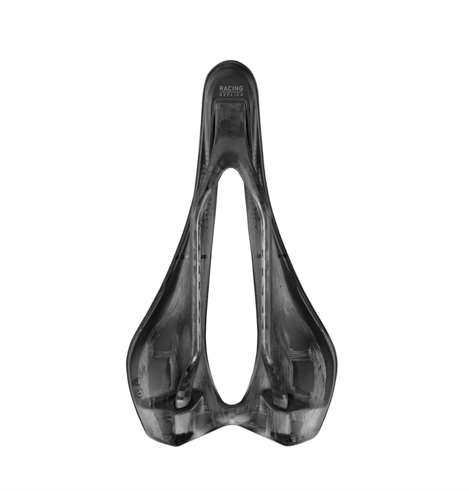 Underside of Selle Italia SLR Racing Replica Carbon saddle showing continuous carbon shell and carbon rails