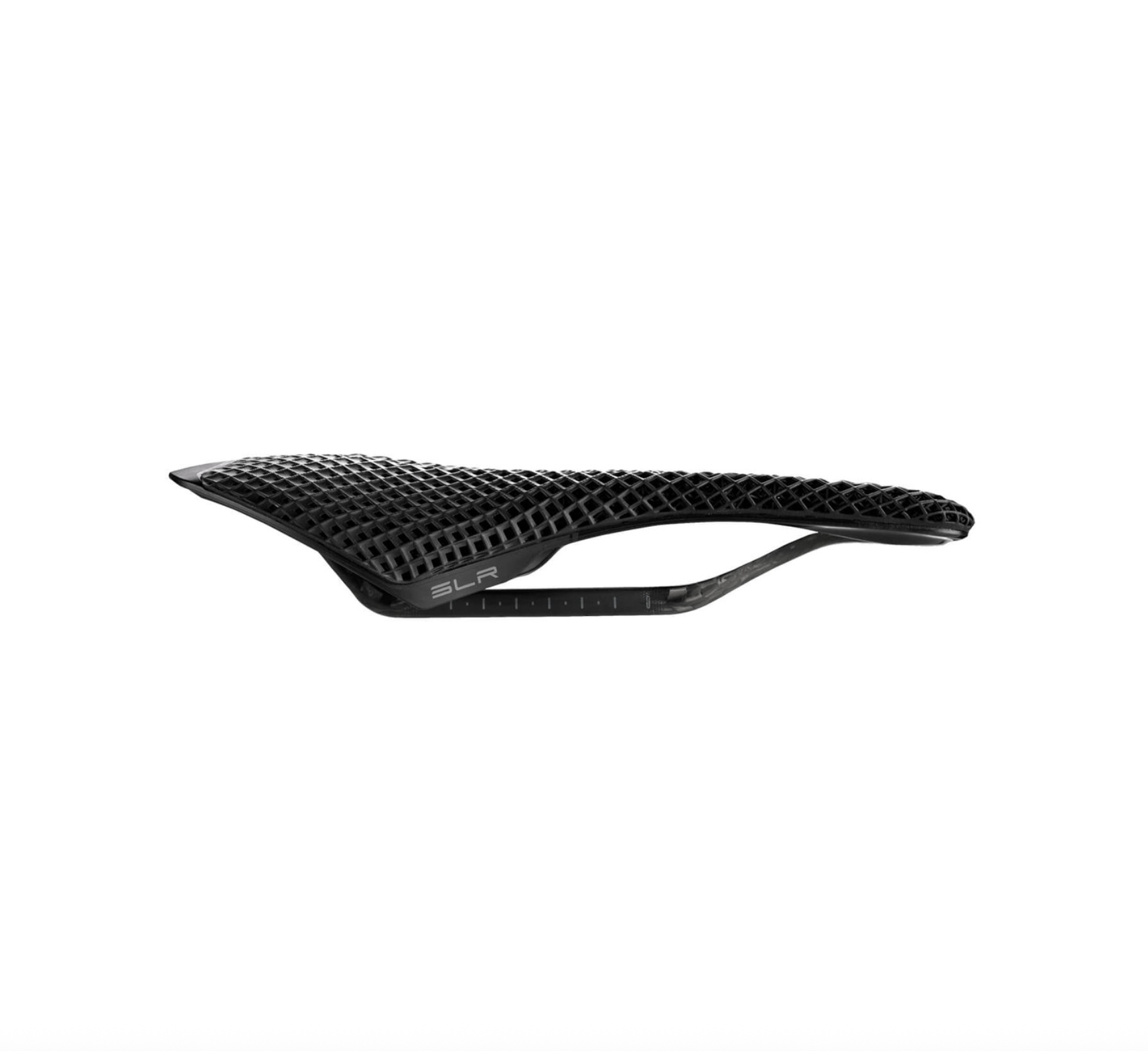 side view of a black bicycle saddle with 'Selle Italia' Carbon 3d molded 