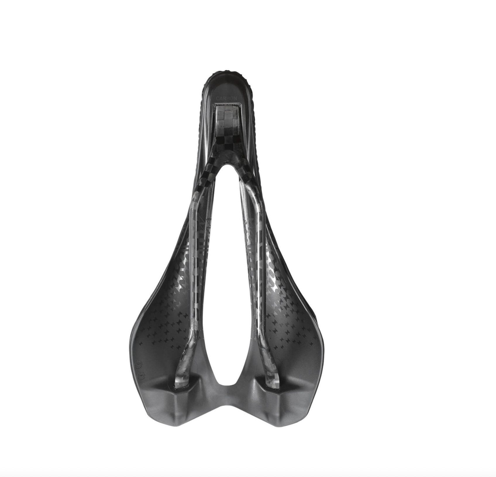 underside of the Black bicycle saddle by 'Selle Italia' Carbon 3d molded 