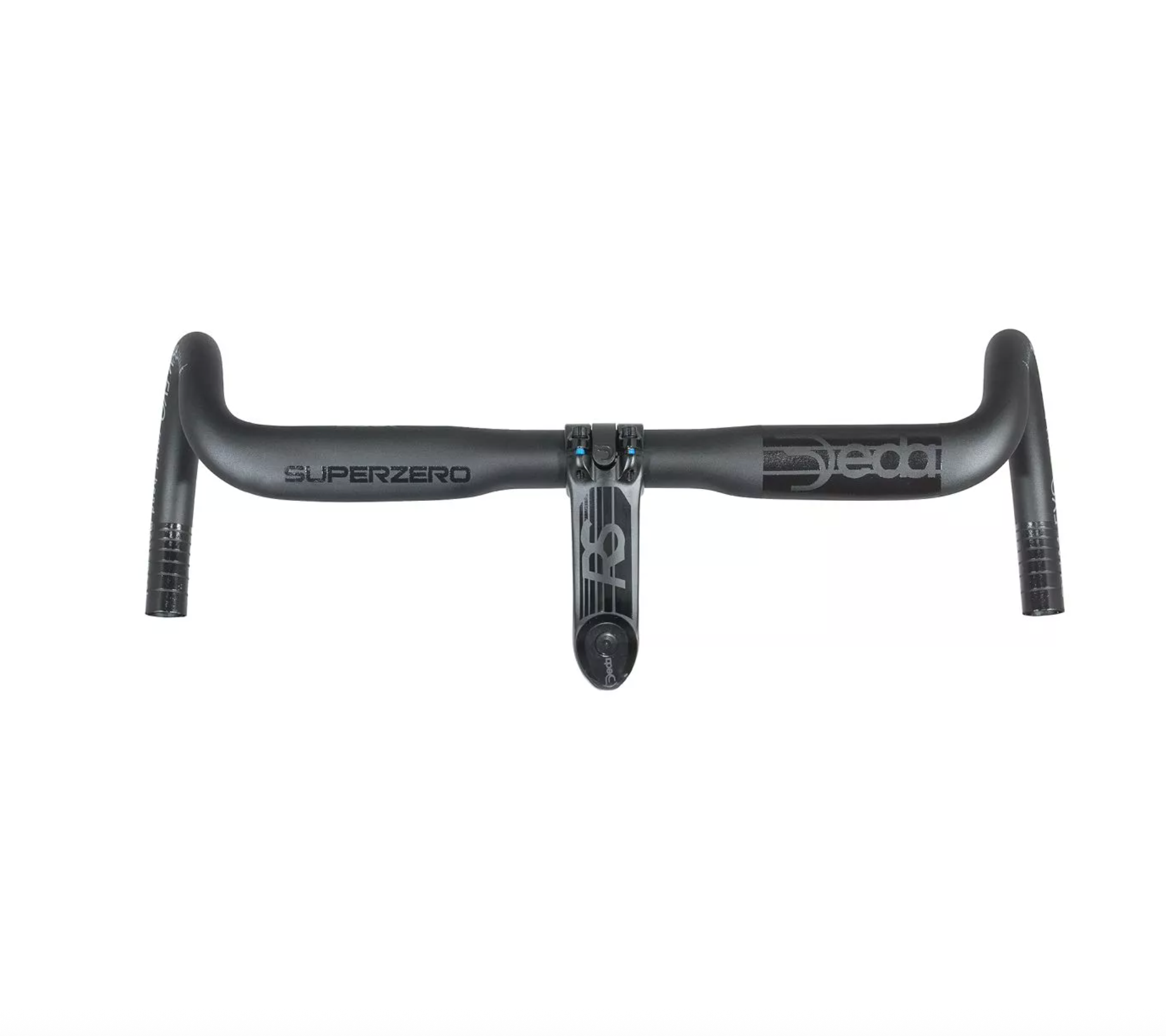 Black bicycle handlebar with 'Superzero' and 'Deda' branding on a white background