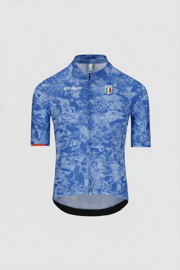 Blue camouflage cycling jersey with a Q36.5. Italian logo on a white background