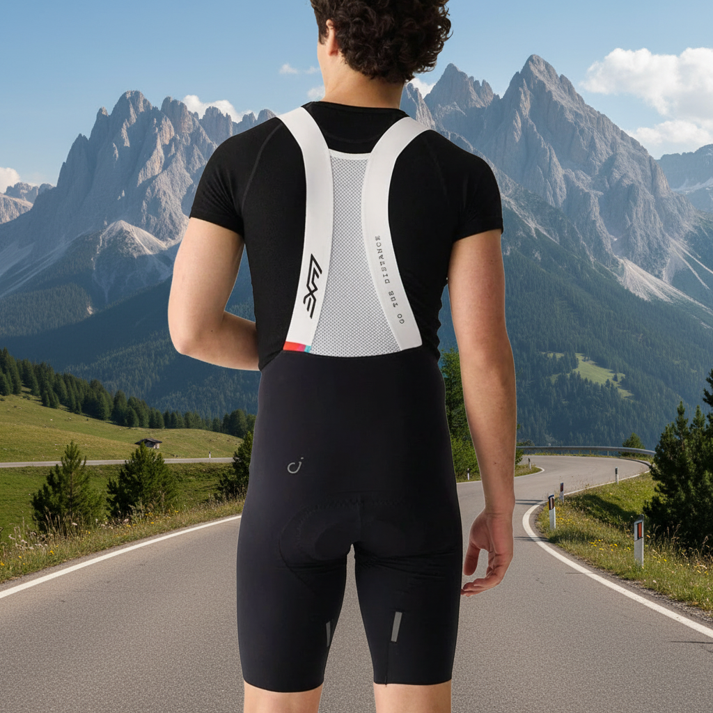 Man wearing Velocio LUXE Men’s Bib Shorts – Italian Premium Cycling Bibs for endurance road riders.