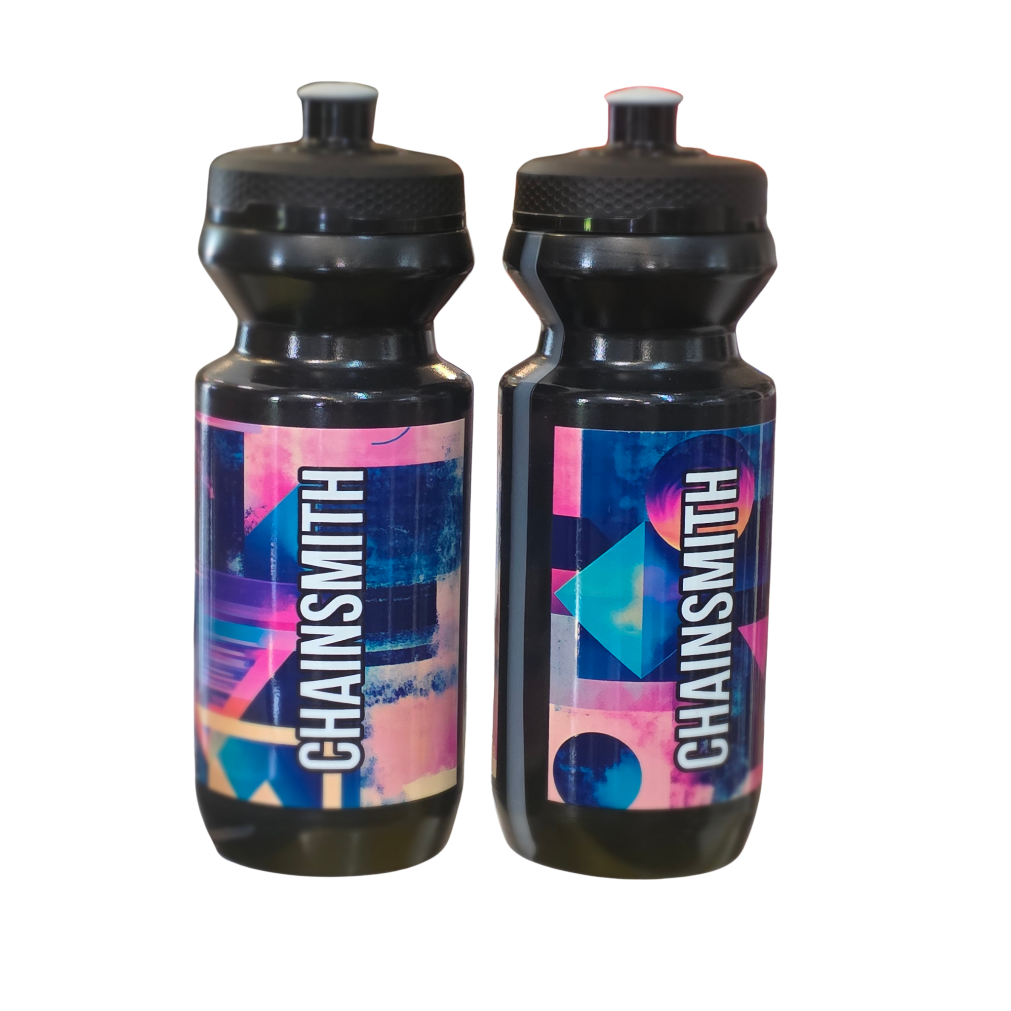Side view of Chainsmith BPA free 550ml Australian made cycling bottle geometric colourful graphic