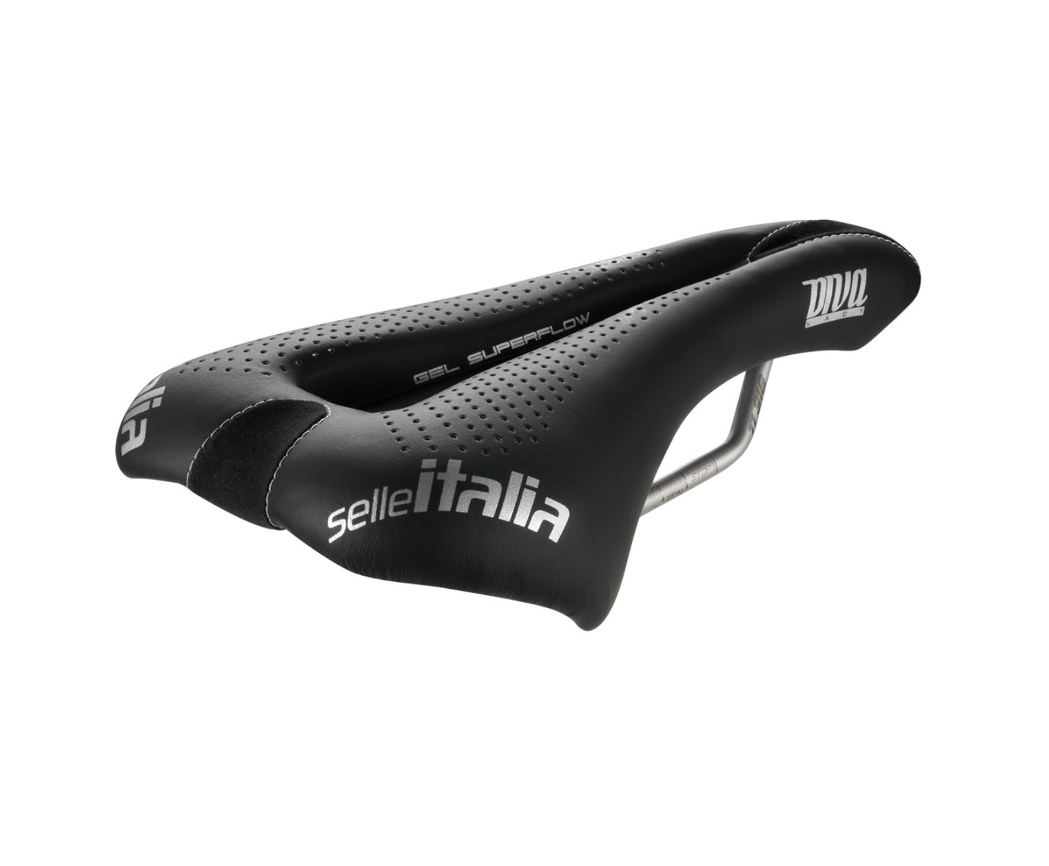 Close-up of Selle Italia Diva Gel Superflow women’s saddle with cut-out relief